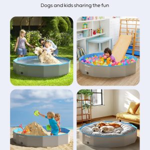 Peteast Piscina plegable para perros con diseño redondo resistente, bañera portátil extra grande para mascotas, diseño portátil duradero de 64 pulgadas de diámetro para patio trasero e interior (incluye 2 discos voladores)
