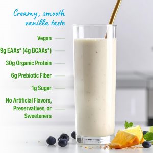 Orgain Orgánico Polvo de Proteína Vegana a Base de Plantas 30g, Vainilla, 9g EAAs + BCAAs, Alta Proteína Vegetal, 4g Prebiótico + Fibra, 1g Azúcar, Pre-Entrenamiento, Apoyo Muscular + Recuperación