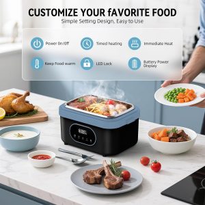 Cordless Electric Lunch Box for Adults, 18000mAh Rechargeable Portable Self-Heating Lunch Box Food Warmer, 1.5L(6 Cups) Container for Outdoor, Work, Office, Camping, Travel（Blcak＆Blue）