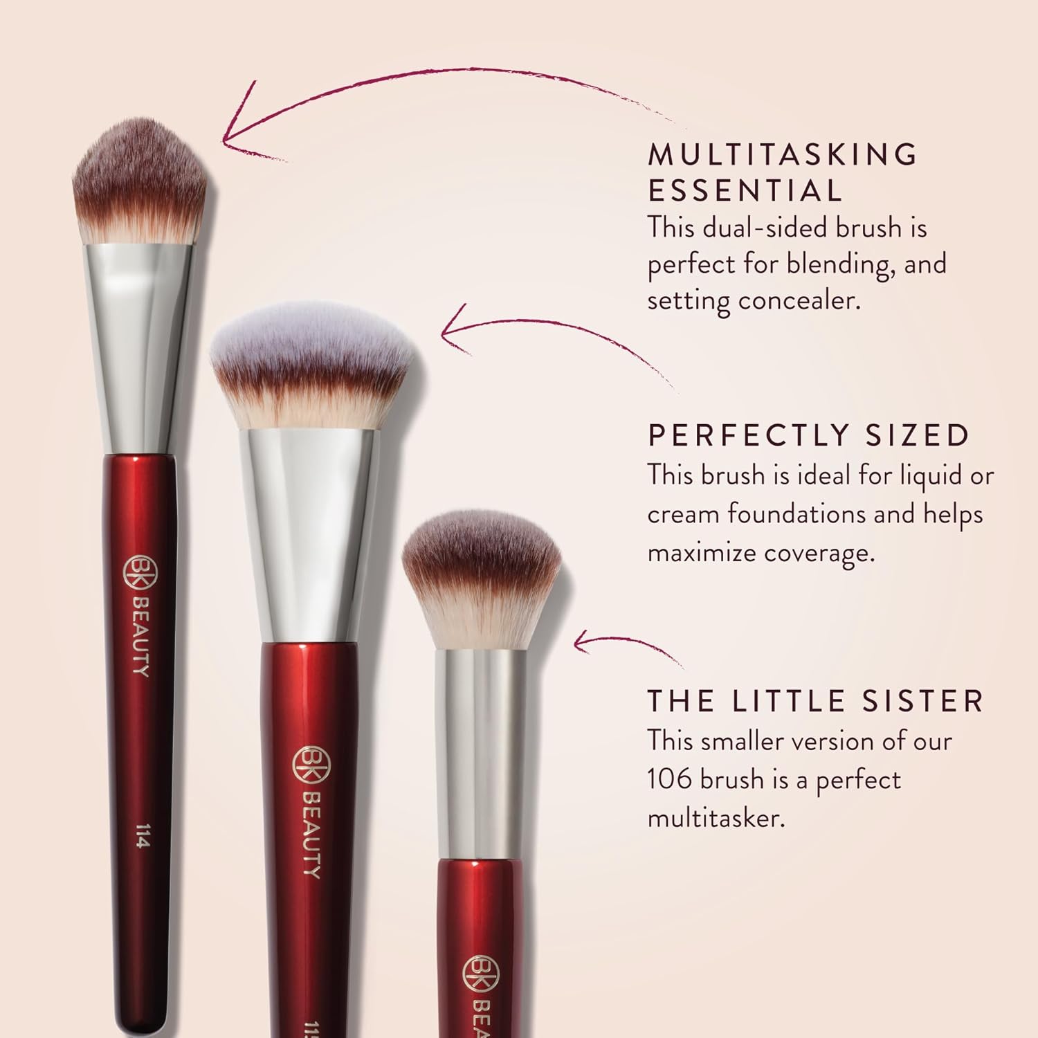 BK Beauty Core Complexion Trio Juego de brochas de maquillaje (3 piezas) – brochas para base, corrector y mezcla para líquido, crema y polvo – brochas de maquillaje para la cara ultra suaves, veganas