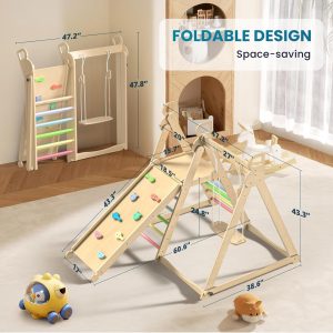 BlueWood 4 in 1 Indoor Jungle Gym, Foldable Wooden Climbing Set with Swing, Slide, Ladder and Climbing Wall, Montessori Philosophy Climber Playset for Kids Aged 2+ (Rainbow)