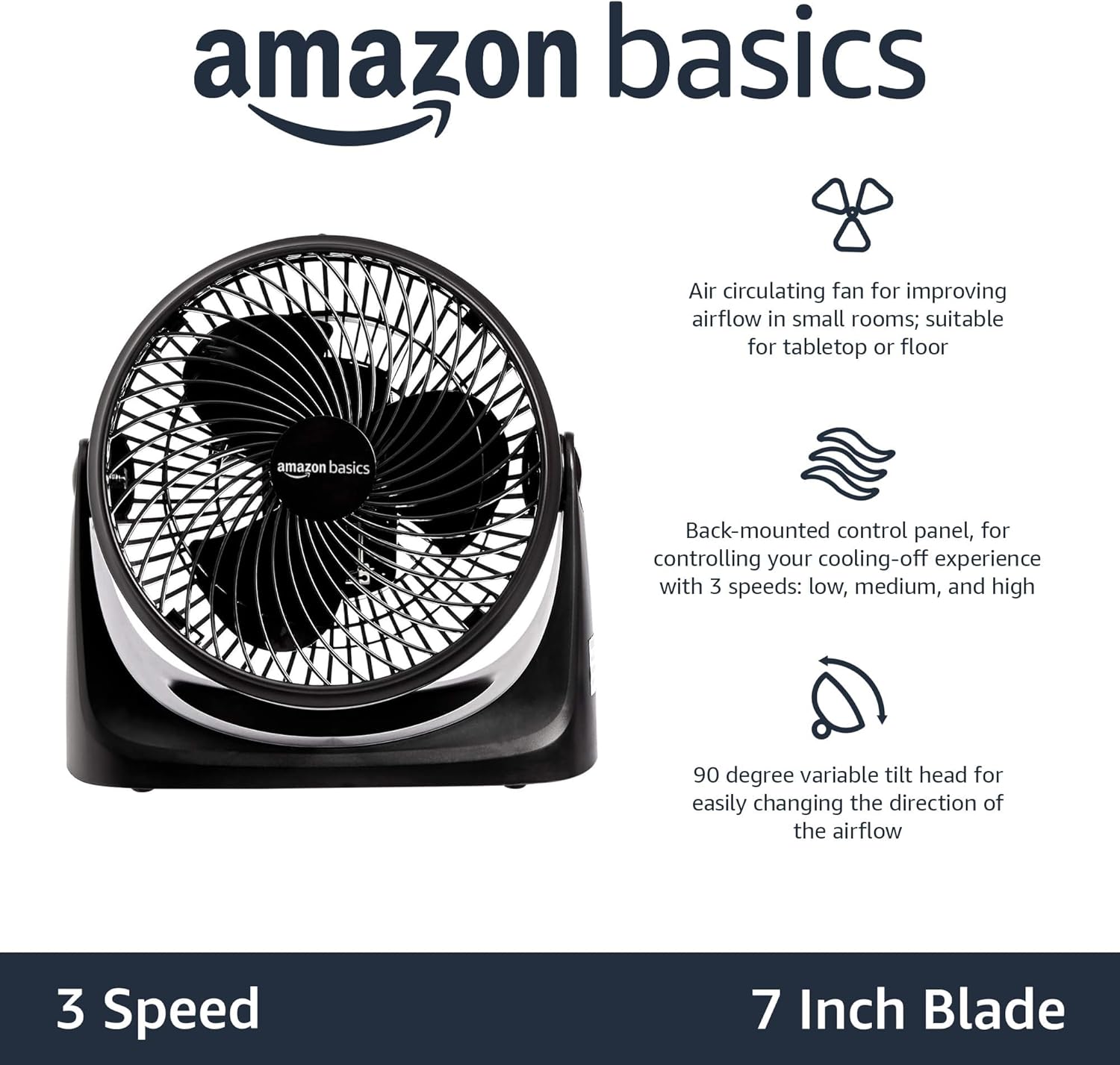 Amazon Basics Ventilador circulador de aire, ventilador de escritorio para dormitorio, hogar y oficina, con cabezal de inclinación de 90 grados, 3 ajustes de velocidad, ligero (3 libras), 35 vatios