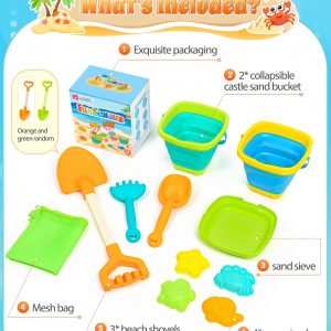 Collapsible Beach Sand Toys for Kids Toddlers, Collapsible Sand Bucket with Sifter Shovels Set with Mesh Bag and Sand Molds, Travel Beach Sandbox Toys for Boys Girls 3 4 5 6 7 8 9 10