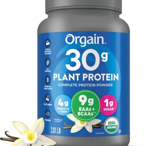 Orgain Orgánico Polvo de Proteína Vegana a Base de Plantas 30g, Vainilla, 9g EAAs + BCAAs, Alta Proteína Vegetal, 4g Prebiótico + Fibra, 1g Azúcar, Pre-Entrenamiento, Apoyo Muscular + Recuperación