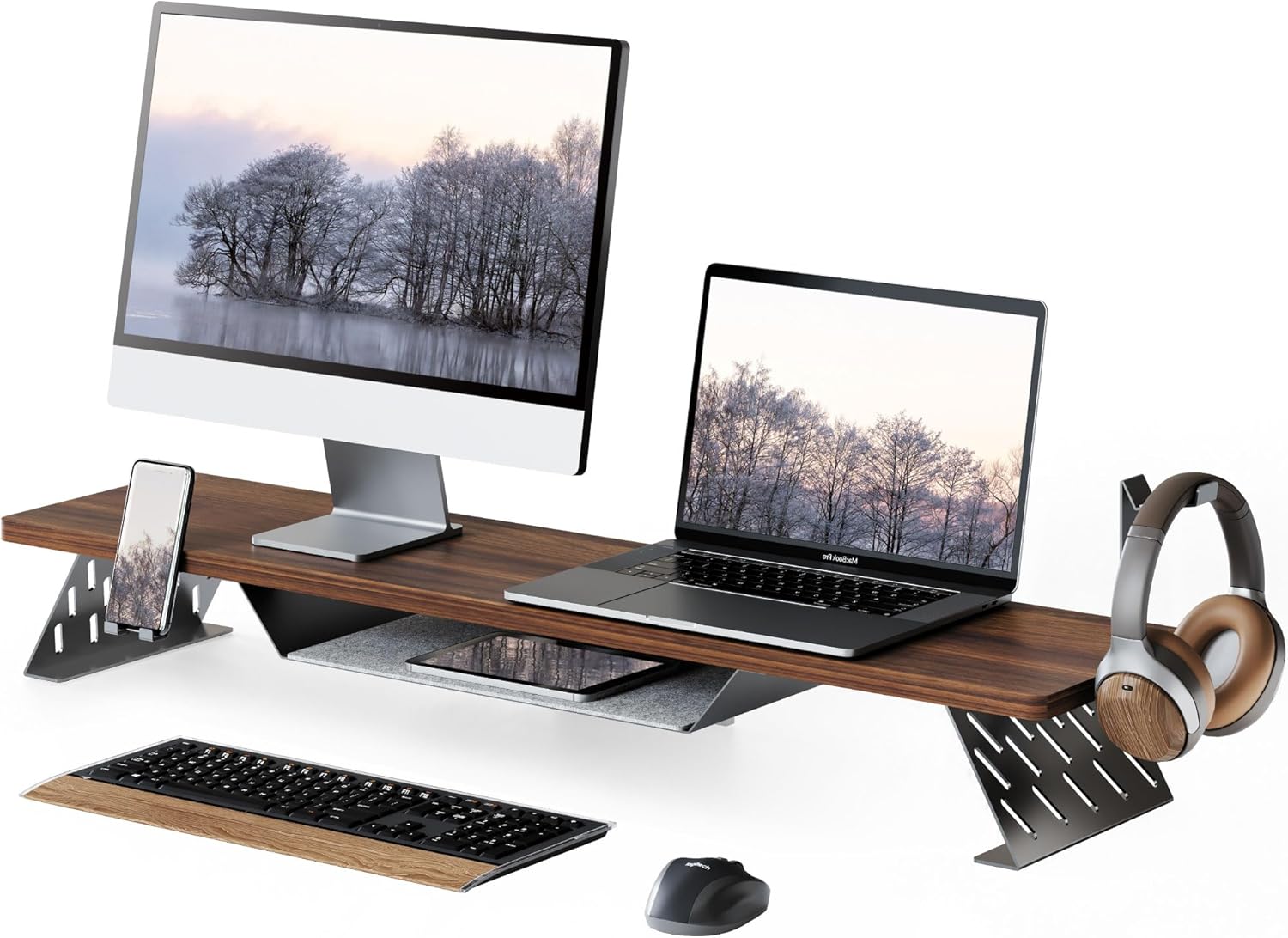 Fenge Dual Monitor Stand, 42.5 Inch Monitor Riser for Desk, Wood Desk Shelf for 2 Monitors, 2 Tier Monitor Shelf with Headphone Stand & Phone Holder