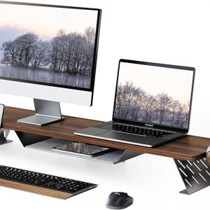 Fenge Dual Monitor Stand, 42.5 Inch Monitor Riser for Desk, Wood Desk Shelf for 2 Monitors, 2 Tier Monitor Shelf with Headphone Stand & Phone Holder