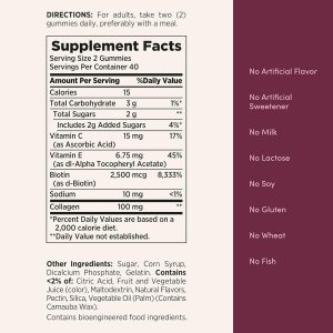 Nature's Bounty Soluciones Óptimas para Cabello, Piel y Uñas con Biotina y Colágeno, Gomitas con Sabor Cítrico, Suplemento Vitamínico, 2500 mcg, 80 Ct, 40 Porciones Totales