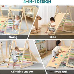 BlueWood 4 in 1 Indoor Jungle Gym, Foldable Wooden Climbing Set with Swing, Slide, Ladder and Climbing Wall, Montessori Philosophy Climber Playset for Kids Aged 2+ (Rainbow)