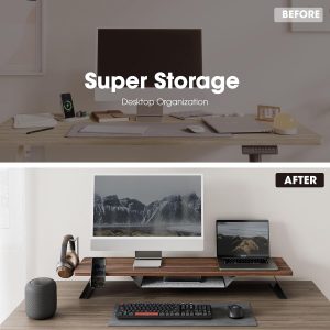 Fenge Dual Monitor Stand, 42.5 Inch Monitor Riser for Desk, Wood Desk Shelf for 2 Monitors, 2 Tier Monitor Shelf with Headphone Stand & Phone Holder