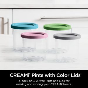 Ninja Creami Pintas Paquete de 4, Compatible con Máquinas de Helado Creami Serie NC299AMZ y NC300s, Pinta Ninja Genuina, Libre de BPA y Apto para Lavavajillas, Tapas de Colores, Transparente/Gris/Lima