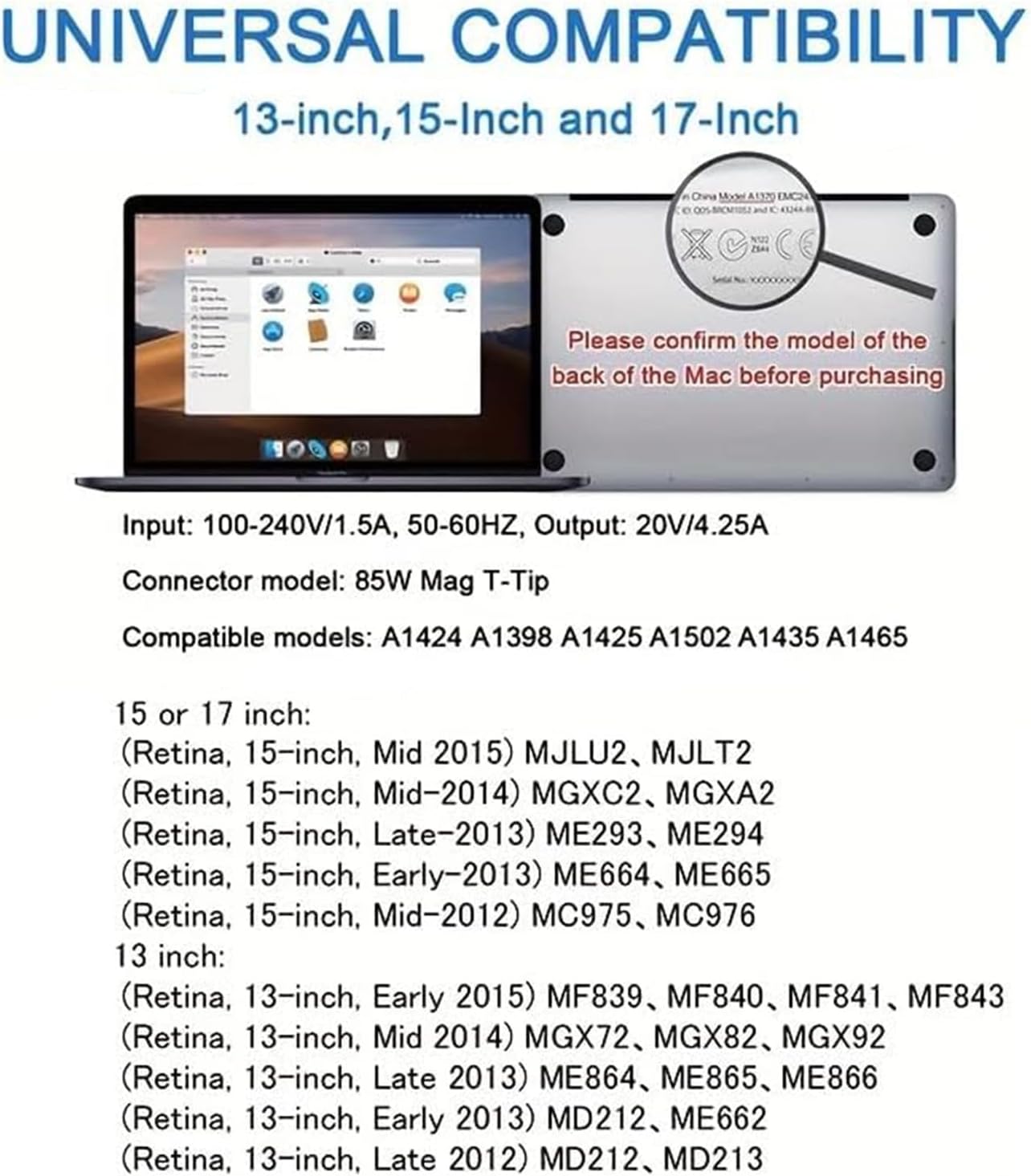 Cargador Mac Book Pro - Adaptador de corriente Mag 2 de 85 W, compatible con Mac Book Pro de 13, 15 y 17 pulgadas (entre 2012 y 2017)