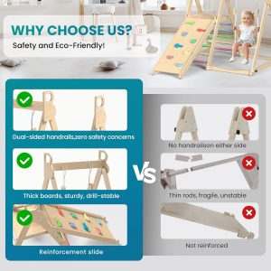 BlueWood 4 in 1 Indoor Jungle Gym, Foldable Wooden Climbing Set with Swing, Slide, Ladder and Climbing Wall, Montessori Philosophy Climber Playset for Kids Aged 2+ (Rainbow)