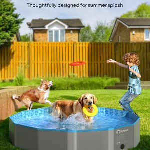 Peteast Piscina plegable para perros con diseño redondo resistente, bañera portátil extra grande para mascotas, diseño portátil duradero de 64 pulgadas de diámetro para patio trasero e interior (incluye 2 discos voladores)