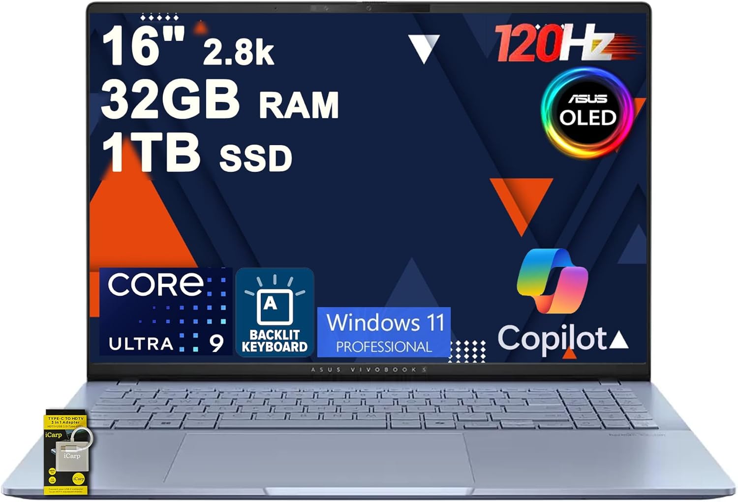 ASUS Vivobook S16 AI PC Laptop 16" 2.8k OLED 120Hz (600nits HDR, 100% DCI-P3) Intel 16-core Ultra 9 285H 32GB DDR5 1TB SSD Backlit for Creator Business Professional Work Win11Pro ICP Hub