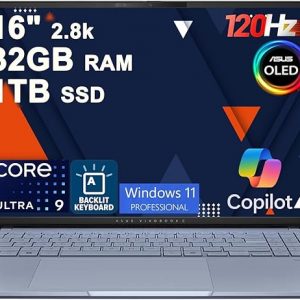 ASUS Vivobook S16 AI PC Laptop 16" 2.8k OLED 120Hz (600nits HDR, 100% DCI-P3) Intel 16-core Ultra 9 285H 32GB DDR5 1TB SSD Backlit for Creator Business Professional Work Win11Pro ICP Hub