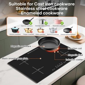 Placa de inducción empotrada de 30 pulgadas con 4 quemadores de 6600 W, estufa eléctrica de encimera con control táctil, 9 niveles de potencia, temporizador y bloqueo para niños