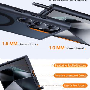 TORRAS Fuerte soporte magnético y sin costuras para Samsung Galaxy S24 Ultra, apto para MagSafe, protección contra caídas de grado mil, soporte para Samsung Galaxy S24 Ultra, parte trasera translúcida/borde negro