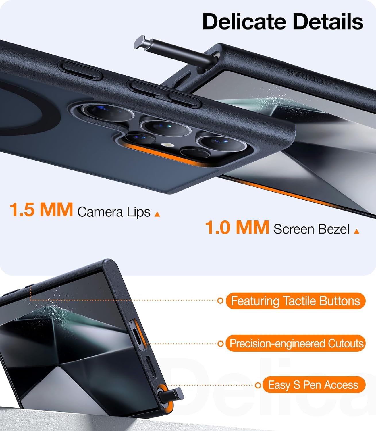 TORRAS Fuerte soporte magnético y sin costuras para Samsung Galaxy S24 Ultra, apto para MagSafe, protección contra caídas de grado mil, soporte para Samsung Galaxy S24 Ultra, parte trasera translúcida/borde negro