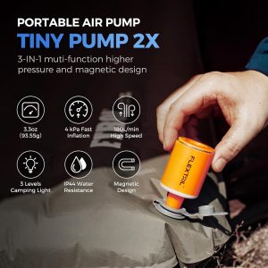 FLEXTAILGEAR Bomba de Aire Portátil con Linterna de Camping Tiny Pump 2X Bomba de Aire de 4kPa para Inflables Bomba de Colchón de Aire Recargable con Diseño Magnético para Colchonetas de Dormir