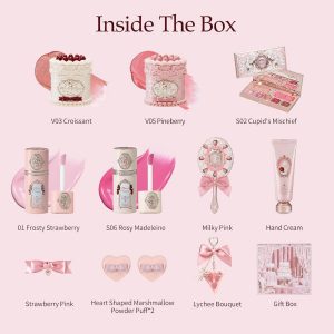 Flower Knows Cake Charm Set,Strawberry Cupid 12-Piece Makeup Gift Box Set,Lip Cream+Liquid Blush+Makeup Palette+Hand Mirror+Solid Perfume+Hair Clip+Cushion Powder Puff+Eyeshadow Brush+Gift Box
