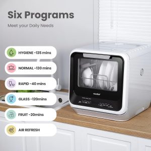 COMFEE' Portable Mini Dishwasher Countertop with 1.32Gal Built-in Water Tank for Apartments& RVs, No Hookup Needed, 6 Programs, 360° Dual Spray, 162℉ High-Temp& Air-Dry Function