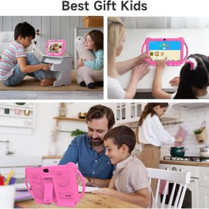 Kids Tablet 7 inch Android 12.0 for Toddler, 4GB RAM 32GB ROM Bluetooth IPS Screen Parental Control Dual Camera Shockproof Case for Educational Games, (Pink)
