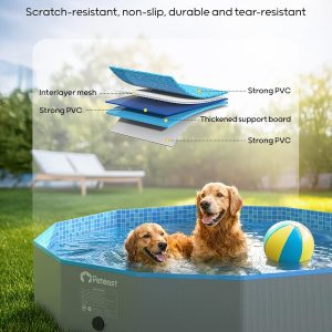 Peteast Piscina plegable para perros con diseño redondo resistente, bañera portátil extra grande para mascotas, diseño portátil duradero de 64 pulgadas de diámetro para patio trasero e interior (incluye 2 discos voladores)