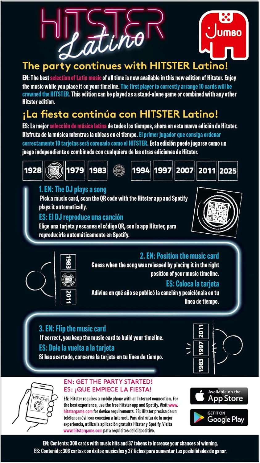 Jumbo Hitster - Latino, Fun Music Quiz Card Game, 2-10 Players - 300 Latin Music Hits - Great for Adult and Family Game Nights (US Edition)