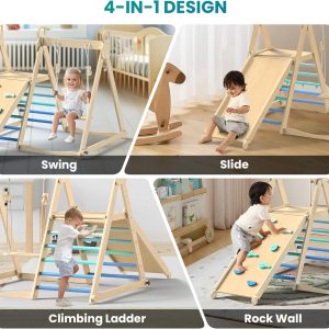 BlueWood 4 in 1 Indoor Jungle Gym, Foldable Wooden Climbing Set with Swing, Slide, Ladder and Climbing Wall, Montessori Philosophy Climber Playset for Kids Aged 2+ (Sky Blue)