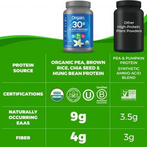 Orgain Orgánico Polvo de Proteína Vegana a Base de Plantas 30g, Vainilla, 9g EAAs + BCAAs, Alta Proteína Vegetal, 4g Prebiótico + Fibra, 1g Azúcar, Pre-Entrenamiento, Apoyo Muscular + Recuperación
