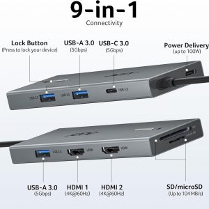 Acer USB C Docking Station Dual Monitor with 2 HDMI, 9-in-1 Laptop Docking Station with 4K@60Hz HDMI, USB A&C 3.0, SD/Micro SD, 100W PD, USB C Dock Compatible with Acer/Dell XPS/HP/Mac/Surface (15cm)