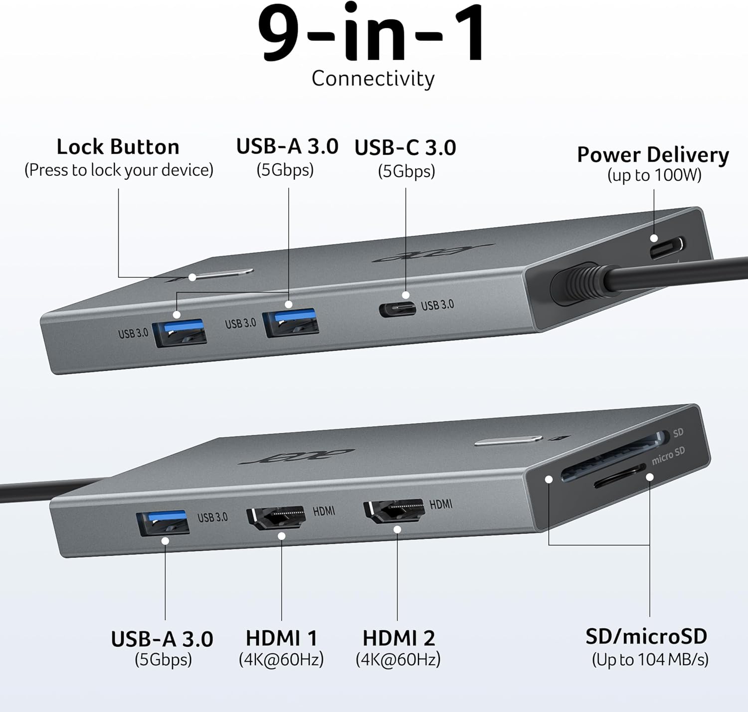 Acer USB C Docking Station Dual Monitor with 2 HDMI, 9-in-1 Laptop Docking Station with 4K@60Hz HDMI, USB A&C 3.0, SD/Micro SD, 100W PD, USB C Dock Compatible with Acer/Dell XPS/HP/Mac/Surface (15cm)