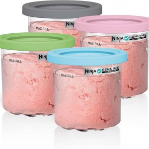 Ninja Creami Pintas Paquete de 4, Compatible con Máquinas de Helado Creami Serie NC299AMZ y NC300s, Pinta Ninja Genuina, Libre de BPA y Apto para Lavavajillas, Tapas de Colores, Transparente/Gris/Lima