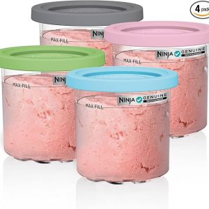 Ninja Creami Pintas Paquete de 4, Compatible con Máquinas de Helado Creami Serie NC299AMZ y NC300s, Pinta Ninja Genuina, Libre de BPA y Apto para Lavavajillas, Tapas de Colores, Transparente/Gris/Lima