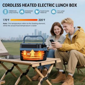 Cordless Electric Lunch Box for Adults, 18000mAh Rechargeable Portable Self-Heating Lunch Box Food Warmer, 1.5L(6 Cups) Container for Outdoor, Work, Office, Camping, Travel（Blcak＆Blue）
