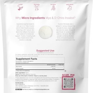 Micro Ingredients Myo-Inositol y D-Chiro Inositol en polvo, 1 libra (221 porciones) | Suplemento de inositol de proporción ideal 40:1 para mujeres | Apoya el equilibrio hormonal y la salud ovárica |