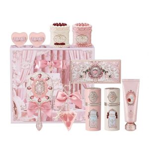 Flower Knows Cake Charm Set,Strawberry Cupid 12-Piece Makeup Gift Box Set,Lip Cream+Liquid Blush+Makeup Palette+Hand Mirror+Solid Perfume+Hair Clip+Cushion Powder Puff+Eyeshadow Brush+Gift Box