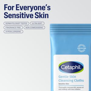 Cetaphil Toallitas faciales y corporales, paños de limpieza suaves para la piel, 50 unidades, paquete doble, para piel seca y sensible, cierre abatible, ideal para el gimnasio, viajes, en el automóvil