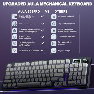 AULA Teclado mecánico inalámbrico S98 Pro con pantalla y perilla, 2.4 GHz/USB-C/BT5.0 Teclado cremoso intercambiable en caliente, interruptores lineales prelubricados, teclas PBT impresas laterales