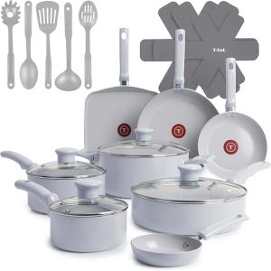 T-fal Refresh Ceramic, juego de utensilios de cocina antiadherentes de cerámica, 20 piezas, apto para horno 350F, juego de cocina con bandeja para huevos, sartenes, cacerolas, plancha, horno holandés,