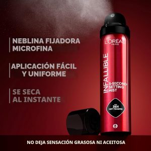 L'Oreal Paris Infalible aerosol fijador de 3 segundos, aerosol de niebla microfina para hasta 36 horas de duración, transparente, 1.76 oz