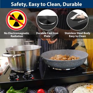 CUSIMAX Hot Plate, 1800W Electric Burner Double Hot Plate for Cooking Countertop Burner with Adjustable Temperature Control, Portable Electric Cast Iron Hot Plates Cooktop, Easy to Clean, Black