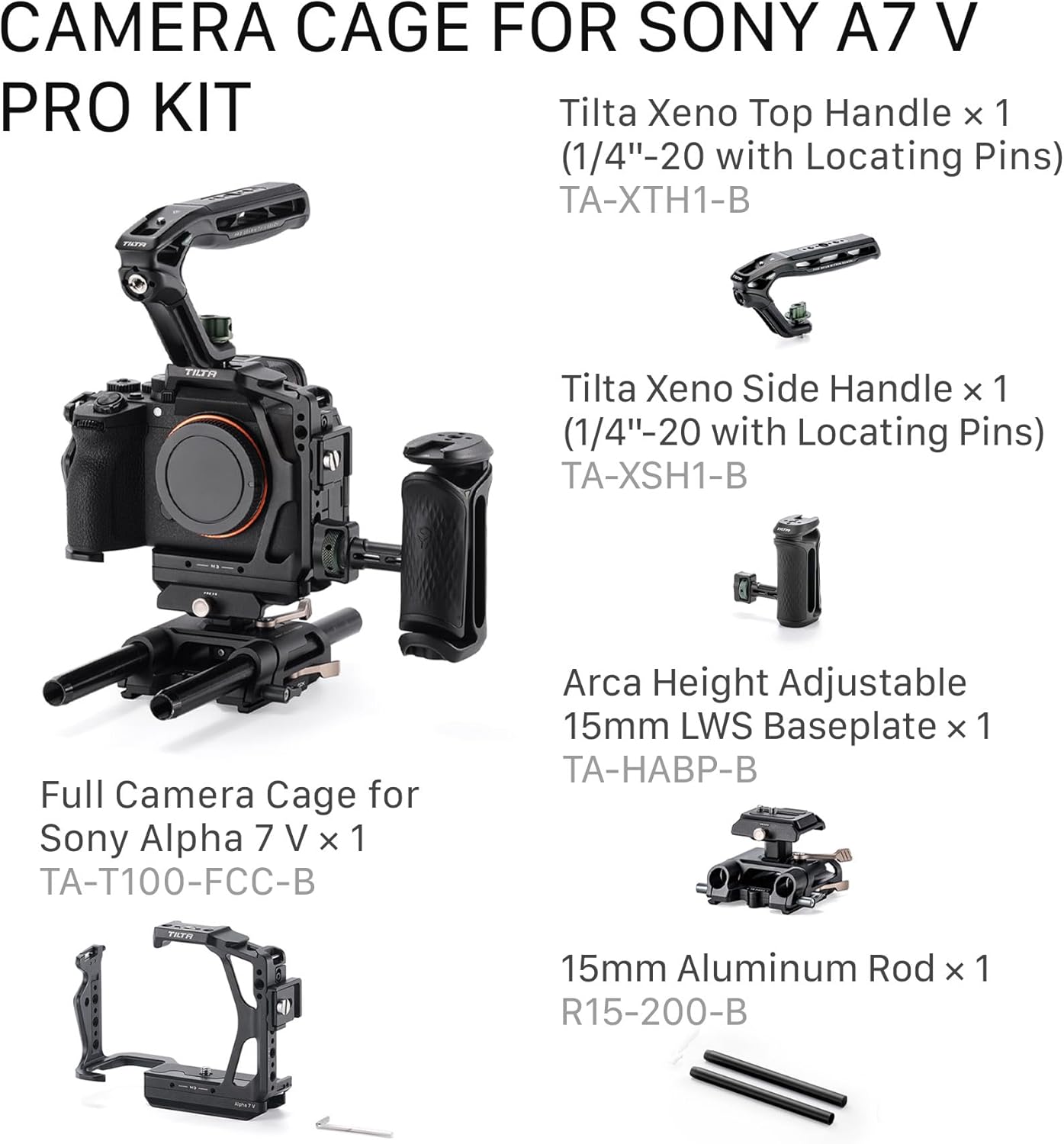 Tilta Kit Pro de jaula para cámara Alpha 7V, A7V, A7IV, A7R V | Mango superior Xeno | Mango lateral ajustable | Abrazadera de cable HDMI | Placa base Arca-Swiss | Soporte de varilla LWS de 0.591 in |