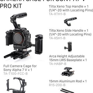 Tilta Kit Pro de jaula para cámara Alpha 7V, A7V, A7IV, A7R V | Mango superior Xeno | Mango lateral ajustable | Abrazadera de cable HDMI | Placa base Arca-Swiss | Soporte de varilla LWS de 0.591 in |