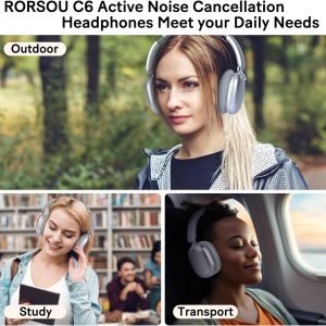 RORSOU C6 Active Noise Cancelling Headphones, Wireless Over Ear Bluetooth Headphones, 60H Playtime, Lightweight Folding Deep Bass Comfort Fit Ear Cups Headset with Mic for iPad/Travel/PC/Home Silver