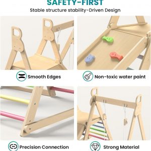 BlueWood 4 in 1 Indoor Jungle Gym, Foldable Wooden Climbing Set with Swing, Slide, Ladder and Climbing Wall, Montessori Philosophy Climber Playset for Kids Aged 2+ (Rainbow)