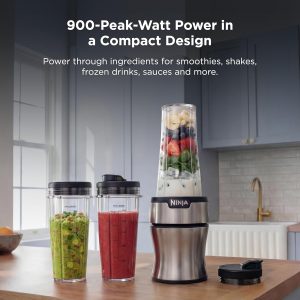 Ninja BN301 Nutri-Blender Plus Compact Personal Blender, 900-Peak-Watt Motor, Frozen Drinks, Smoothies, Sauces & More, (3) 20 oz. To-Go Cups, (2) Spout-Lids (1) Storage-Lid, Dishwasher Safe, Silver