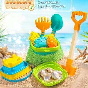 Collapsible Beach Sand Toys for Kids Toddlers, Collapsible Sand Bucket with Sifter Shovels Set with Mesh Bag and Sand Molds, Travel Beach Sandbox Toys for Boys Girls 3 4 5 6 7 8 9 10