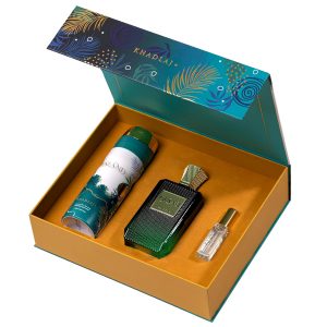 Khadlaj Island - Juego de regalo de 3 piezas unisex (3.4 oz Extrait de Parfum Spray + 6.8 oz Desodorante Spray + Spray de Viaje de 0.27 oz)