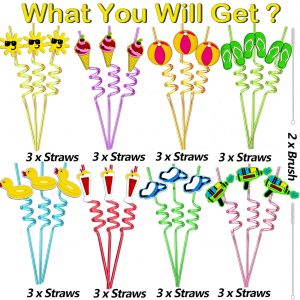 24-Piece Beach Theme Reusable Shape Straws - 8 Color Set with 2 Cleaning Brushes - Perfect for Summer Parties & Birthdays